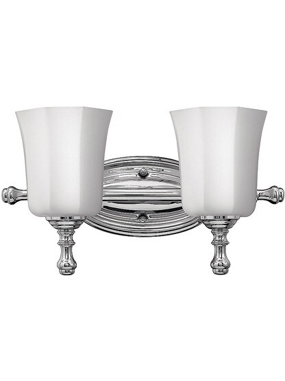 Shelly Double Sconce with Opal Glass Shades in Polished Chrome.